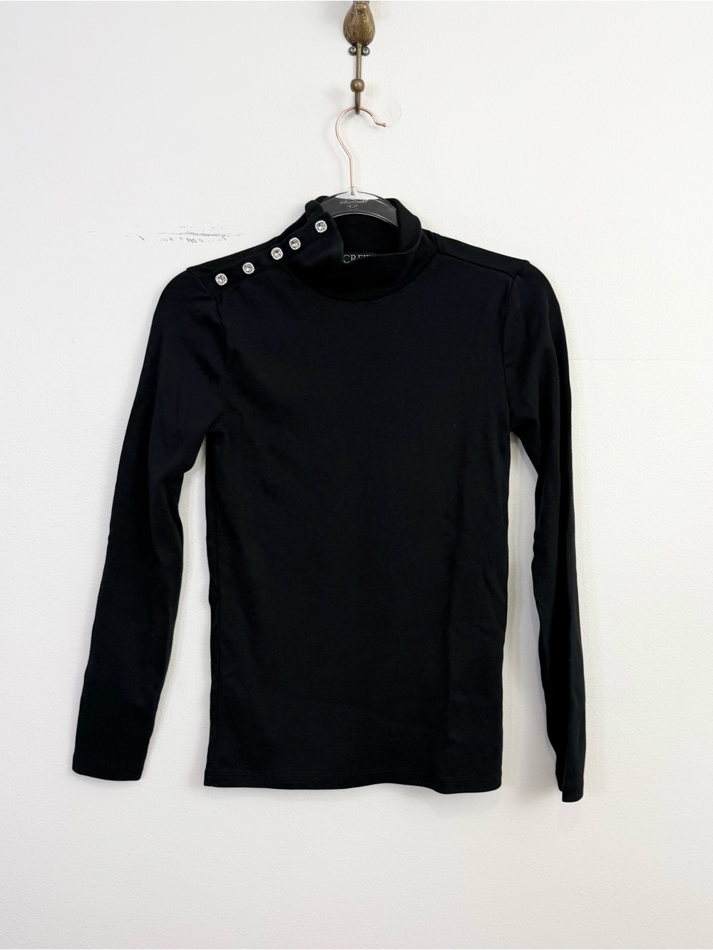 J.Crew Black Mock Neck Rhinestone Button Long Sleeve Top Size M